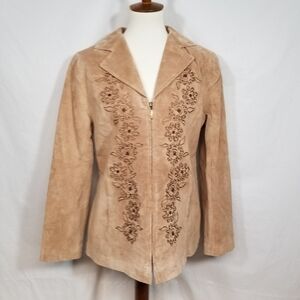 Nolan Miller VTG Glamour Style Tan Womens Embroidered Suede Zip Up Jacket Small
